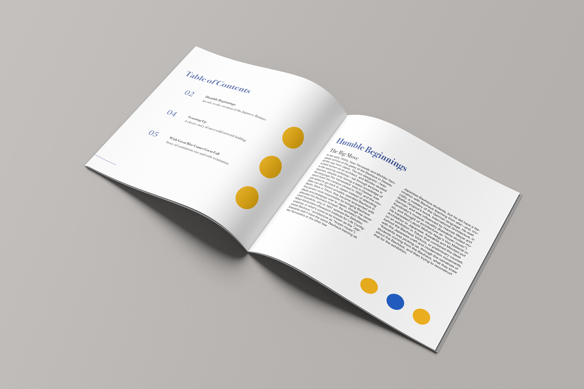 Braedy Luxenburg, Japanese Bauhaus booklet — Table of Contents and Humble Beginnings spread, with yellow and blue dots marking the pages