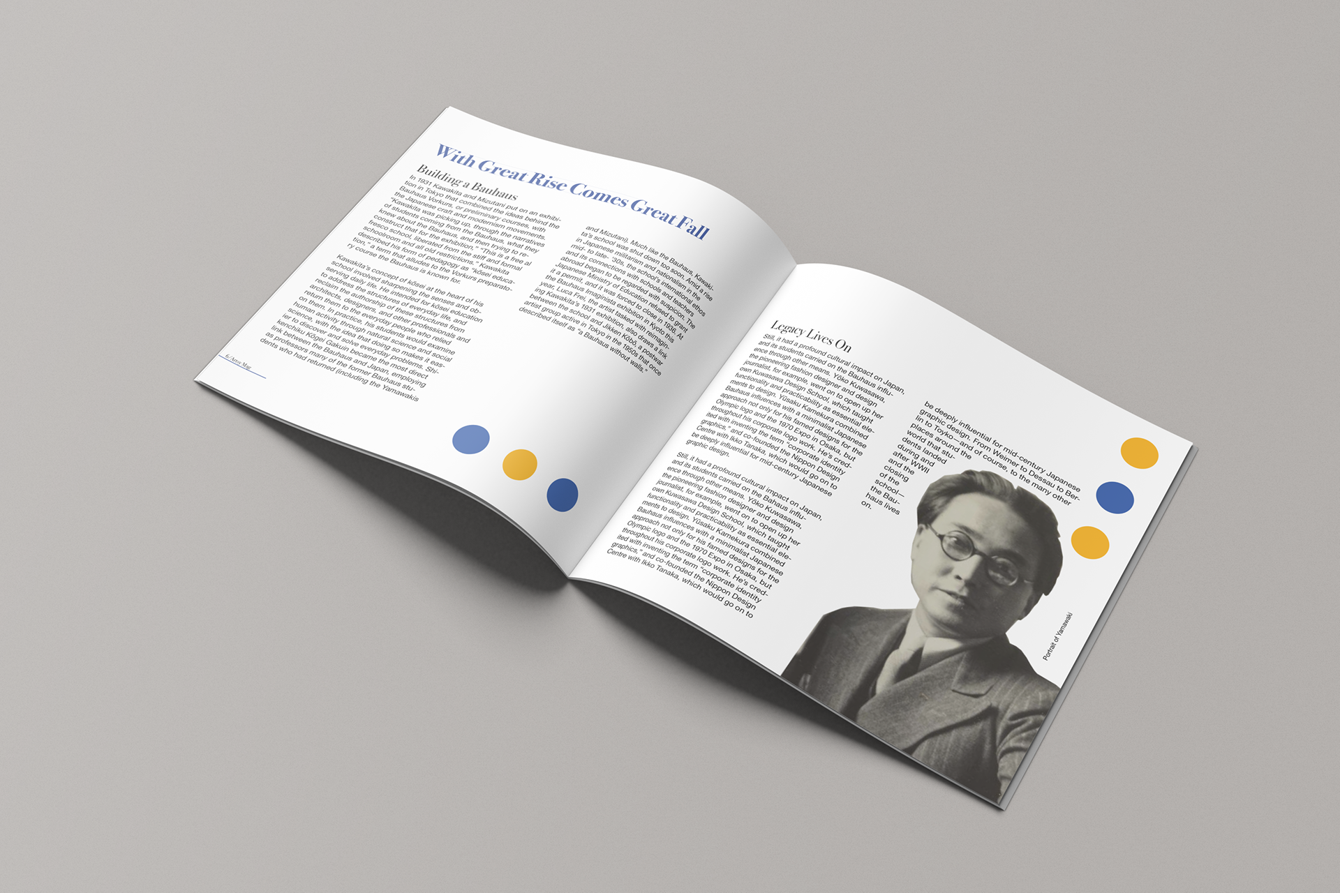 Braedy Luxenburg, Japanese Bauhaus booklet — With Great Rise Comes Great Fall and Legacy Lives On spread, with two-column text, a cut-out portrait, and blue and yellow dots