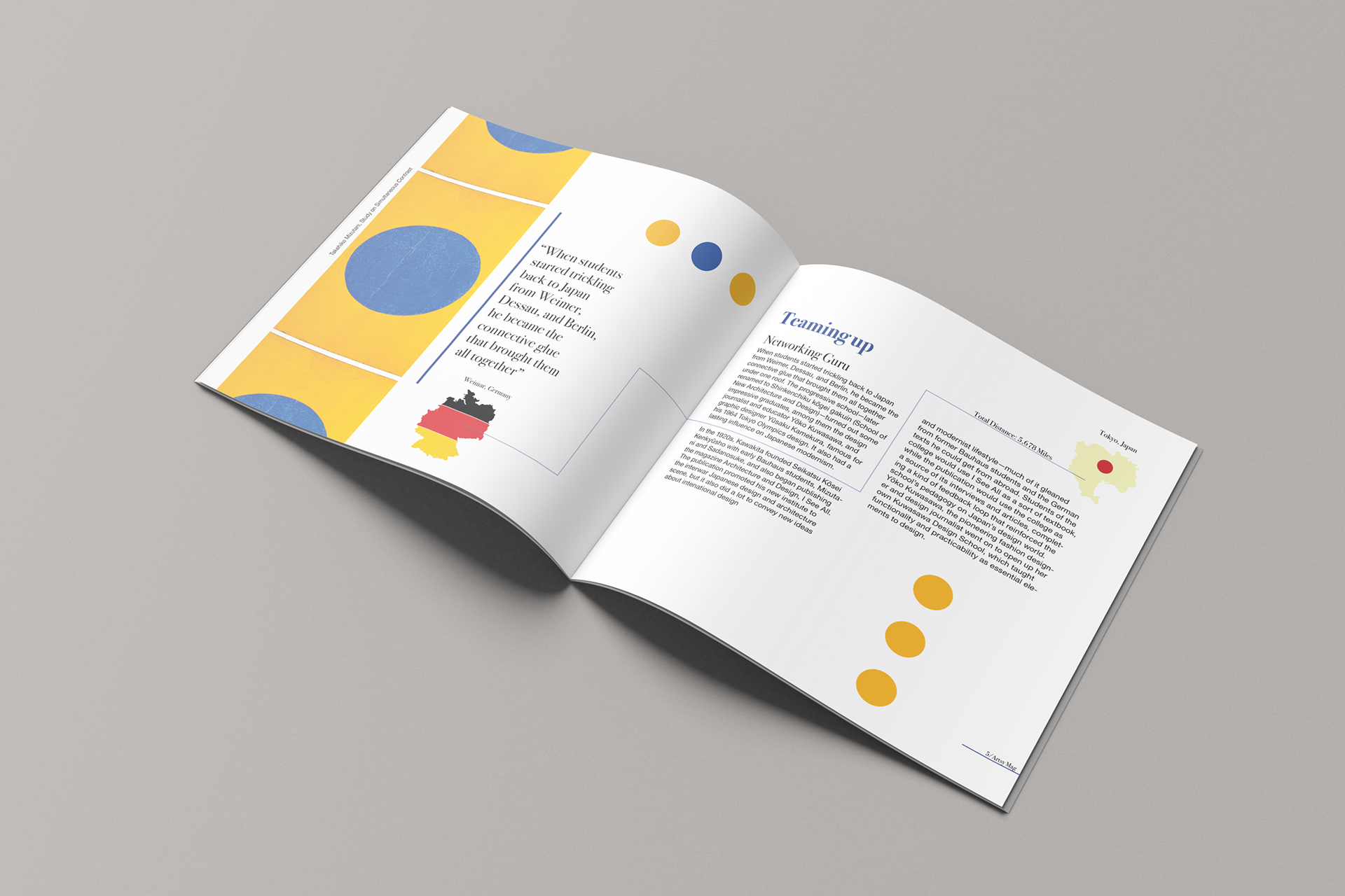 Braedy Luxenburg, Japanese Bauhaus booklet — Teaming Up spread, with a pull quote beside a yellow panel of blue circles, a map of Germany, and a map marking Tokyo, Japan